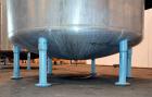 Used Groen Tank, 2500 Gallons, 304 Stainless Steel, Vertical. 90” Diameter x 78” straight side, dished top and bottom. Openings: top (2) 1-5/8” threaded, 2-1/2” threaded, 15-3/4” manway with cover; 2...