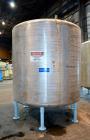 Used Groen Tank, 2500 Gallons, 304 Stainless Steel, Vertical. 90” Diameter x 78” straight side, dished top and bottom. Openings top (2) 1-5/8” threaded, 2-1/2” threaded, 15-3/4” man way, no cover. 2”...
