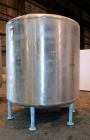Used Groen Tank, 2500 Gallons, 304 Stainless Steel, Vertical. 90” Diameter x 78” straight side, dished top and bottom. Openings top (2) 1-5/8” threaded, 2-1/2” threaded, 15-3/4” man way, no cover. 2”...