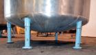 Used Groen Tank, 2500 Gallons, 304 Stainless Steel, Vertical. 90” Diameter x 78” straight side, dished top and bottom. Openings top (2) 1-5/8” threaded, 2-1/2” threaded, 15-3/4” man way, no cover. 2”...