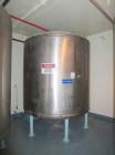 Used Groen Tank, 2500 Gallons, 304 Stainless Steel, Vertical. 90” Diameter x 78” straight side, dished top and bottom. Openings top (2) 1-5/8” threaded, 2-1/2” threaded, 15-3/4” man way with cover. 2...
