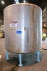 Used Groen Tank, 2500 Gallons, 304 Stainless Steel, Vertical. 90” Diameter x 78” straight side, dished top and bottom. Openings top (2) 1-5/8” threaded, 2-1/2” threaded, 15-3/4” man way with cover. 2...