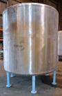 Used Groen Tank, 2500 Gallons, 304 Stainless Steel, Vertical. 90” Diameter x 78” straight side, dished top and bottom. Openings top (2) 1-5/8” threaded, 2-1/2” threaded, 15-3/4” man way with cover. 2...