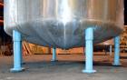 Used Groen Tank, 2500 Gallons, 304 Stainless Steel, Vertical. 90” Diameter x 78” straight side, dished top and bottom. Openings top (2) 1-5/8” threaded, 2-1/2” threaded, 15-3/4” man way with cover. 2...
