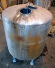 Used Groen Tank, 2500 Gallons, 304 Stainless Steel, Vertical. 90” Diameter x 78” straight side, dished top and bottom. Openings top (2) 1-5/8” threaded, 2-1/2” threaded, 15-3/4” man way with cover. 2...