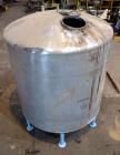 Used Groen Tank, 2500 Gallons, 304 Stainless Steel, Vertical. 90” Diameter x 78” straight side, dished top and bottom. Openings: top (2) 1-5/8” threaded, 2-1/2” threaded, 15-3/4” manway with cover; 2...