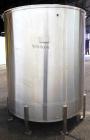 Used Tank, 1000 Gallon, 316 Stainless Steel, Vertical. Approximate 68’’ diameter x 70’’ straight side. Open top with a 1 piece hinged cover, flat bottom. Approximate 2’’ center bottom outlet. Mounted...