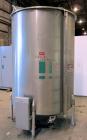 Used Tank, 1000 Gallon, 304 Stainless Steel, Vertical. Approximate 61” diameter x 81” straight side, flat top with a bolt on cover with a 1/3 hinged opening, sloped bottom. Side bottom entering agita...