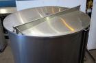 Used Tank, 1000 Gallon, 304 Stainless Steel, Vertical. Approximate 61” diameter x 81” straight side, flat top with a bolt on cover with a 1/3 hinged opening, sloped bottom. Side bottom entering agita...