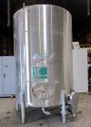 Used Tank, 2225 Gallon, 304 Stainless Steel, Vertical. Approximate 79” diameter x 105” straight side, flat welded top, sloped bottom. Side bottom entering agitator, 3 blade prop driven by a 5hp, 3/60...