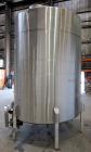 Used Tank, 2225 Gallon, 304 Stainless Steel, Vertical. Approximate 79” diameter x 105” straight side, flat welded top, sloped bottom. Side bottom entering agitator, 3 blade prop driven by a 5hp, 3/60...