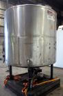 Used Tank, 1100 Gallon, 304 Stainless Steel, Vertical. Approximately 72” diameter x 60” straight side, dished top and bottom. Side bottom entering agitator with a 3 blade prop, driven by a 3/4 hp, 3/...