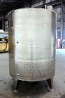 Used Vinquip Jacketed Beverage Tank,  2284 Gallon, 304 Stainless Steel, Vertical. Approximately 83” diameter x 97-1/2” straight side, off center coned top, sloped bottom. (1) 24” Wide bottom sidewall...