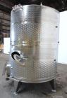 Used Vinquip Jacketed Beverage Tank,  2284 Gallon, 304 Stainless Steel, Vertical. Approximately 83” diameter x 97-1/2” straight side, off center coned top, sloped bottom. (1) 24” Wide bottom sidewall...