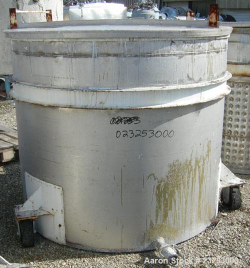 Used:Central Fabricators stainless steel mixing can , 60" diameter x  50" deep, sloped bottom, 2" side bottom outlet. Mounted on casters.  

