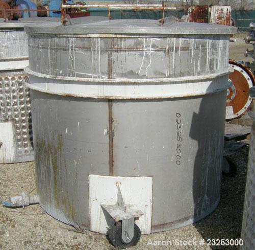 Used:Central Fabricators stainless steel mixing can , 60" diameter x  50" deep, sloped bottom, 2" side bottom outlet. Mounted on casters.  

