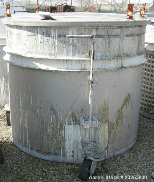 Used:Central Fabricators stainless steel mixing can , 60" diameter x  50" deep, sloped bottom, 2" side bottom outlet. Mounted on casters.  

