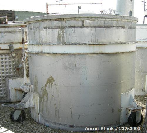 Used:Central Fabricators stainless steel mixing can , 60" diameter x  50" deep, sloped bottom, 2" side bottom outlet. Mounted on casters.  

