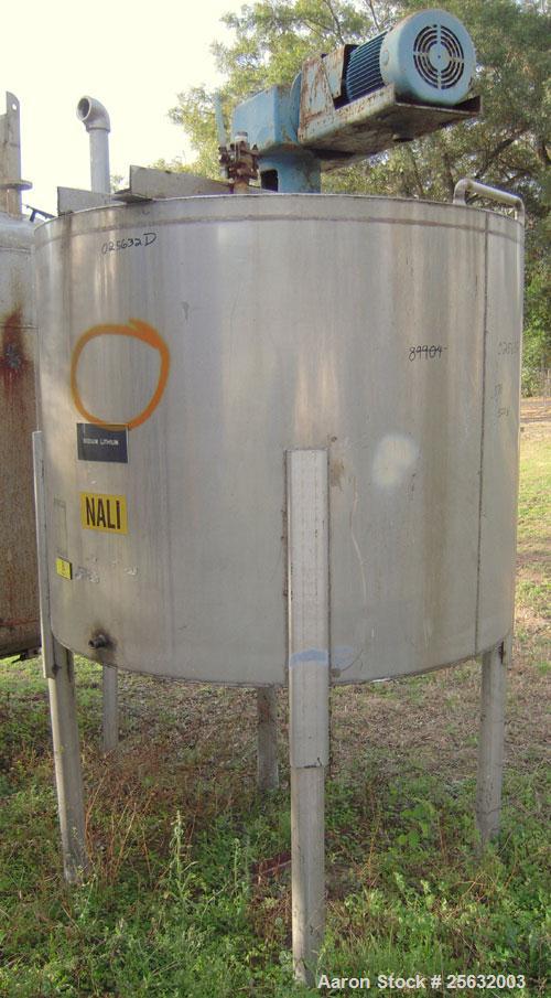 Used-Tank, Approximately 500 Gallons, Stainless Steel, Vertical. 60" diameter x 48" straight side. Flat top, dish bottom. 2"...