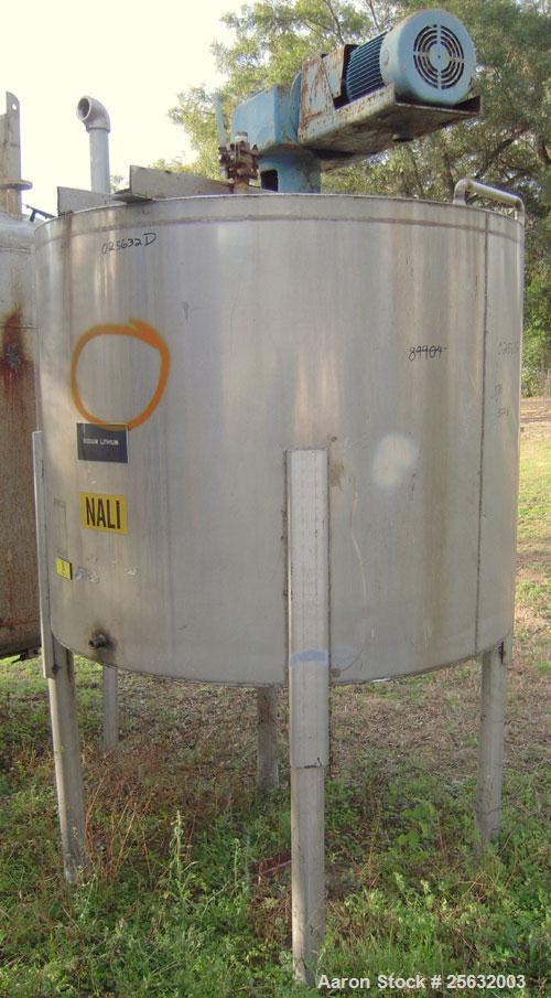 Used Tank, Approximately 500 Gallons, Stainless Steel, Vertical. 60" diameter x 48" straight side. Flat top, dish bottom. 2" diameter shaft with a 4 blade turbine, driven by an approximate 3 hp motor...