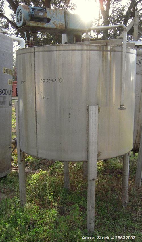 Used Tank, Approximately 500 Gallons, Stainless Steel, Vertical. 60" diameter x 48" straight side. Flat top, dish bottom. 2" diameter shaft with a 4 blade turbine, driven by an approximate 3 hp motor...