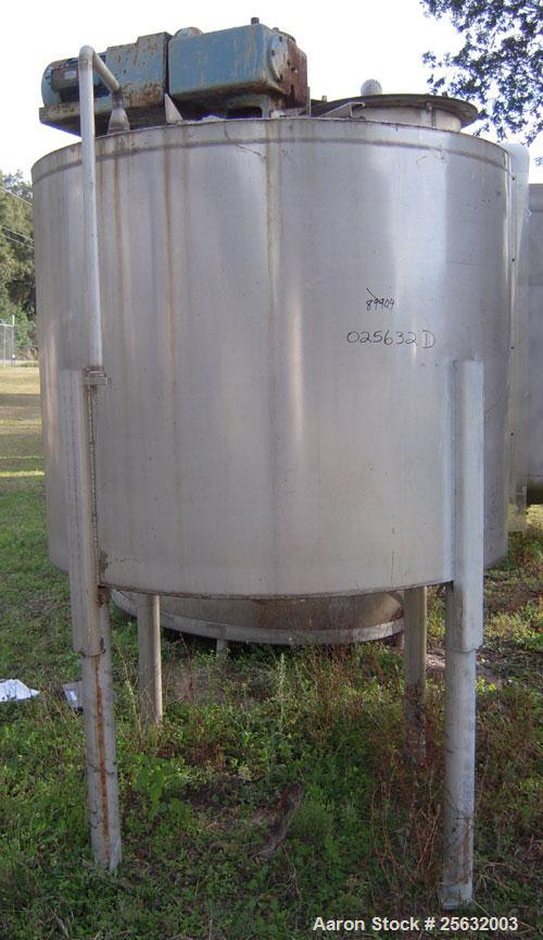 Used Tank, Approximately 500 Gallons, Stainless Steel, Vertical. 60" diameter x 48" straight side. Flat top, dish bottom. 2" diameter shaft with a 4 blade turbine, driven by an approximate 3 hp motor...