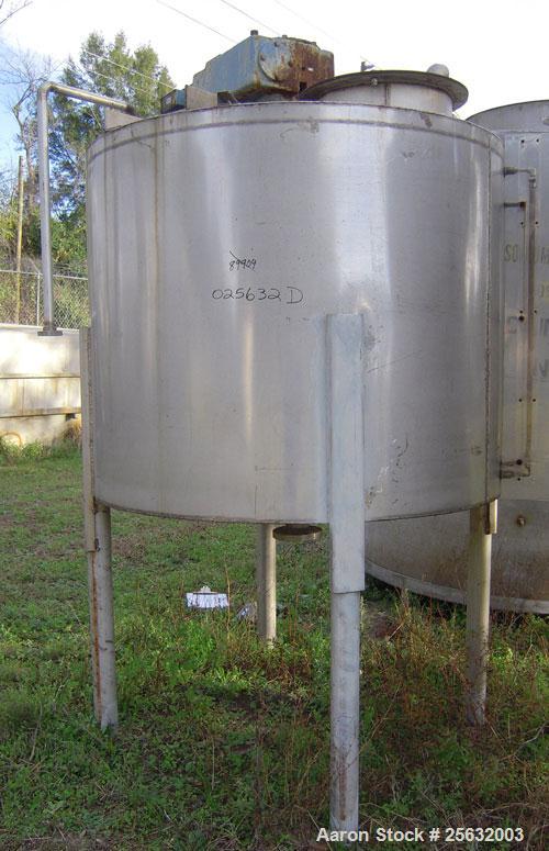 Used Tank, Approximately 500 Gallons, Stainless Steel, Vertical. 60" diameter x 48" straight side. Flat top, dish bottom. 2" diameter shaft with a 4 blade turbine, driven by an approximate 3 hp motor...