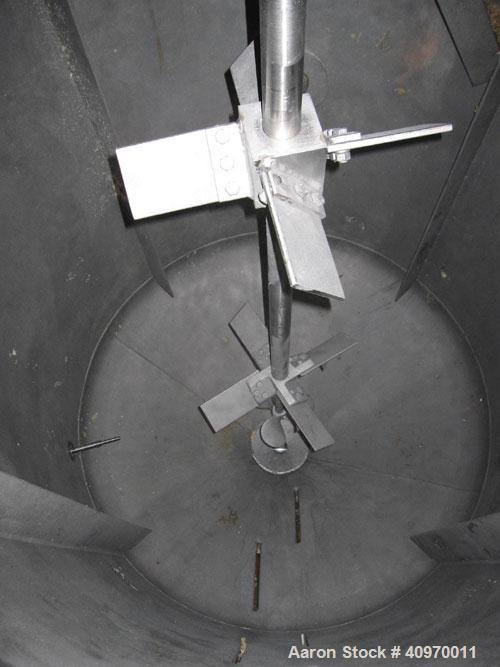 Used Perry Mix Tank, 750 Gallon, Stainless Steel. Dish top and cone bottom, 4' 6" diameter x 5' straight side x 3' (45 deg)  cone.  (4) internal baffles.  Top center mounted agitator, 1 hp, with (2) ...