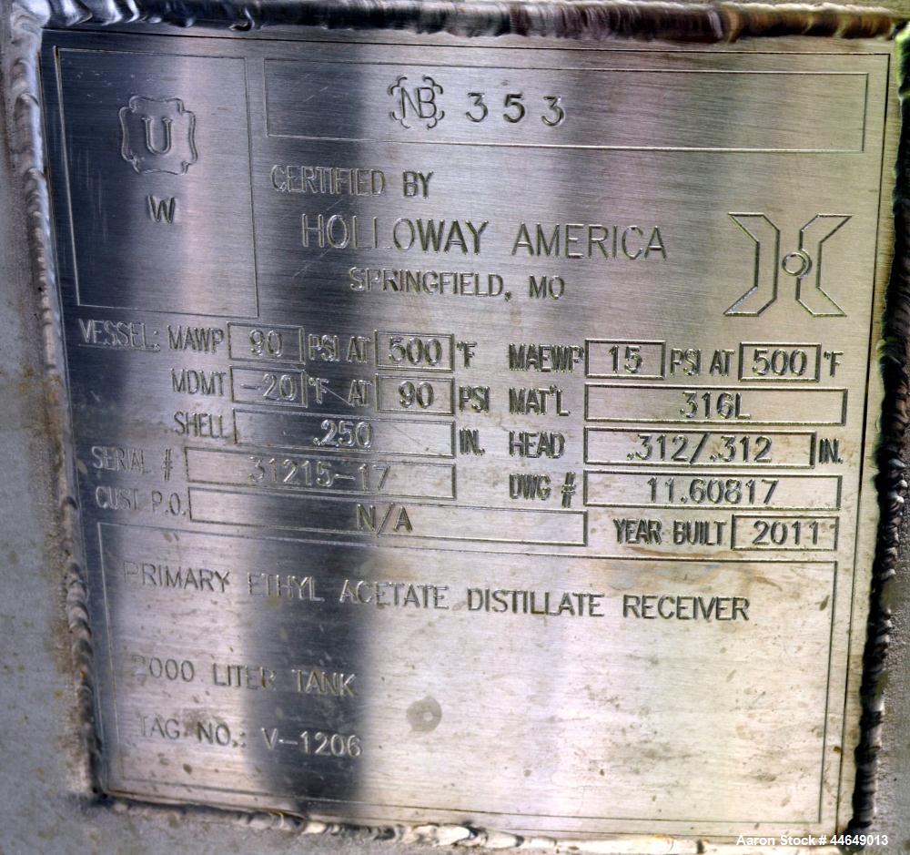 Unused- Holloway America Pressure Tank, 625 Gallon, 316L Stainless Steel, Vertical. Approximate 48" diameter x 78" straight side, dished top and bottom. Internal rated 90 psi at -20 to 500 degrees F....