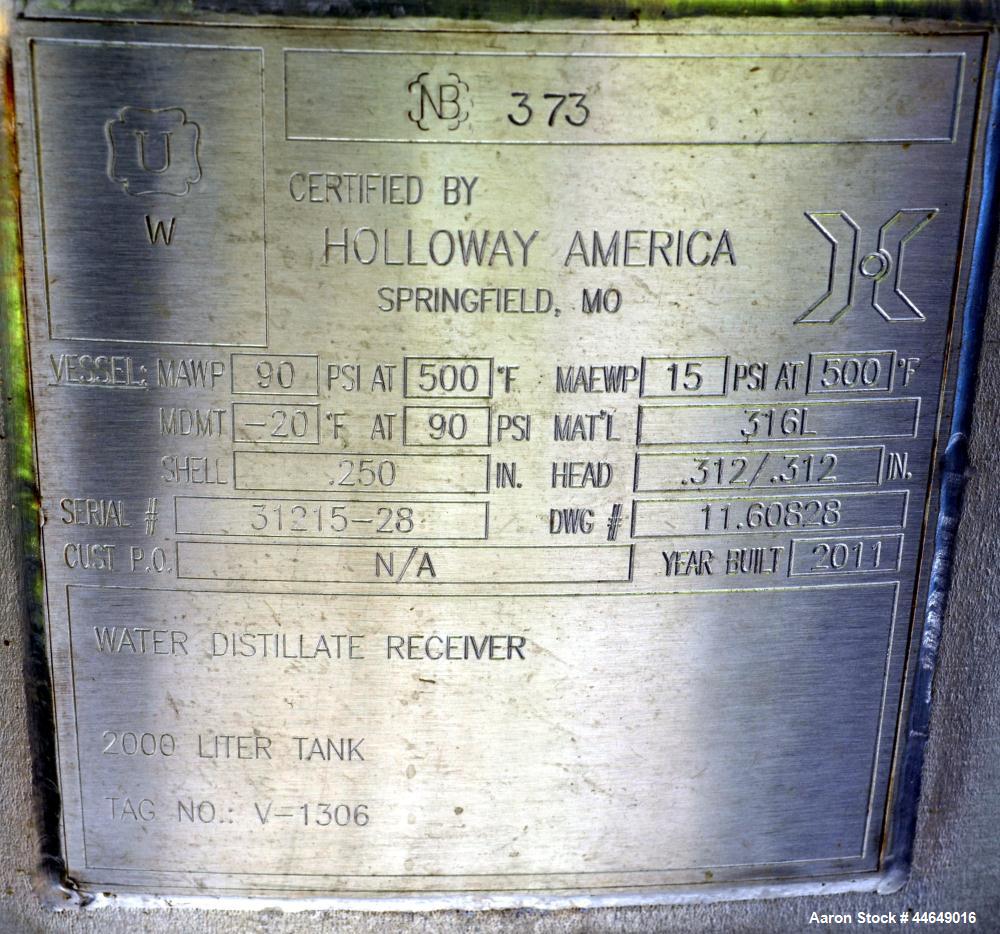 Unused- Holloway America Pressure Tank, 625 Gallon, 316L Stainless Steel, Vertical. Approximate 48" diameter x 78" straight side, dished top and bottom. Internal rated 90 psi at -20 to 500 degrees F....