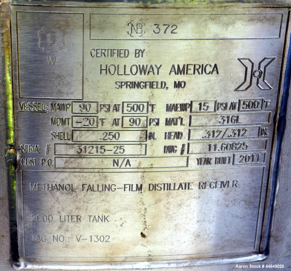 Unused- Holloway America Pressure Tank, 625 Gallon, 316L Stainless Steel, Vertical. Approximate 48" diameter x 78" straight side, dished top and bottom. Internal rated 90 psi at -20 to 500 degrees F....