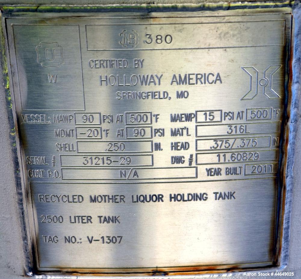 Unused- Holloway America Pressure Tank, 775 Gallon, 316L Stainless Steel, Vertical. Approximate 54" diameter x 74" straight side, dished top and bottom. Internal rated 90 psi at -20 to 500 degrees F....
