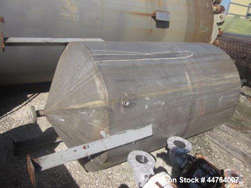 Used Tank, 550 Gallon, 304 Stainless Steel, Vertical.  48” Diameter x 72” straight side, flat top, 25” coned bottom.  Top entering agitator, driven by a 3 hp motor. Center bottom outlet.  Mounted on ...