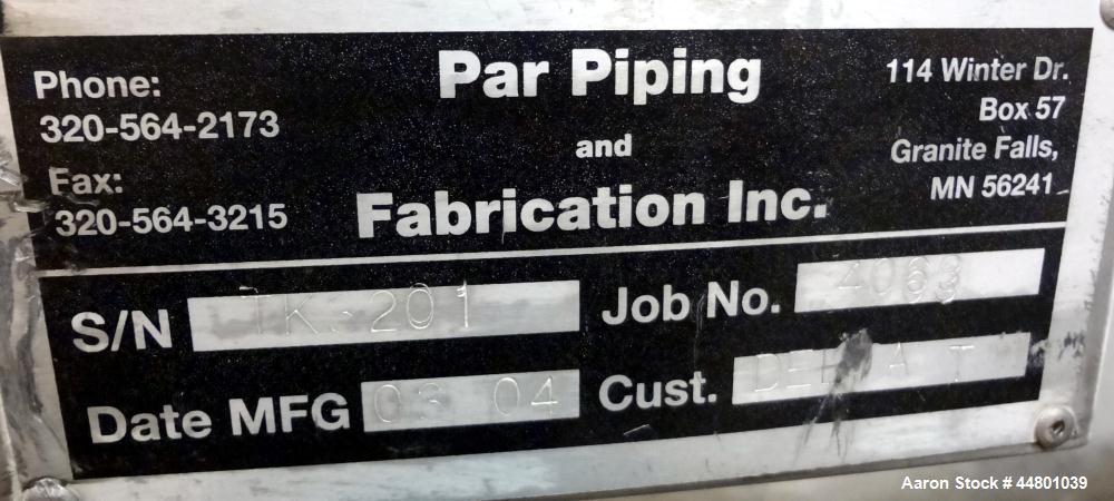 Used Par Piping & Fabrication Tank, 600 Gallon, 321 Stainless Steel, Vertical. 48" Diameter x 72" straight side, dished top and bottom. Openings top 3", 8"; side 2", 3". 1" Center bottom outlet. Moun...