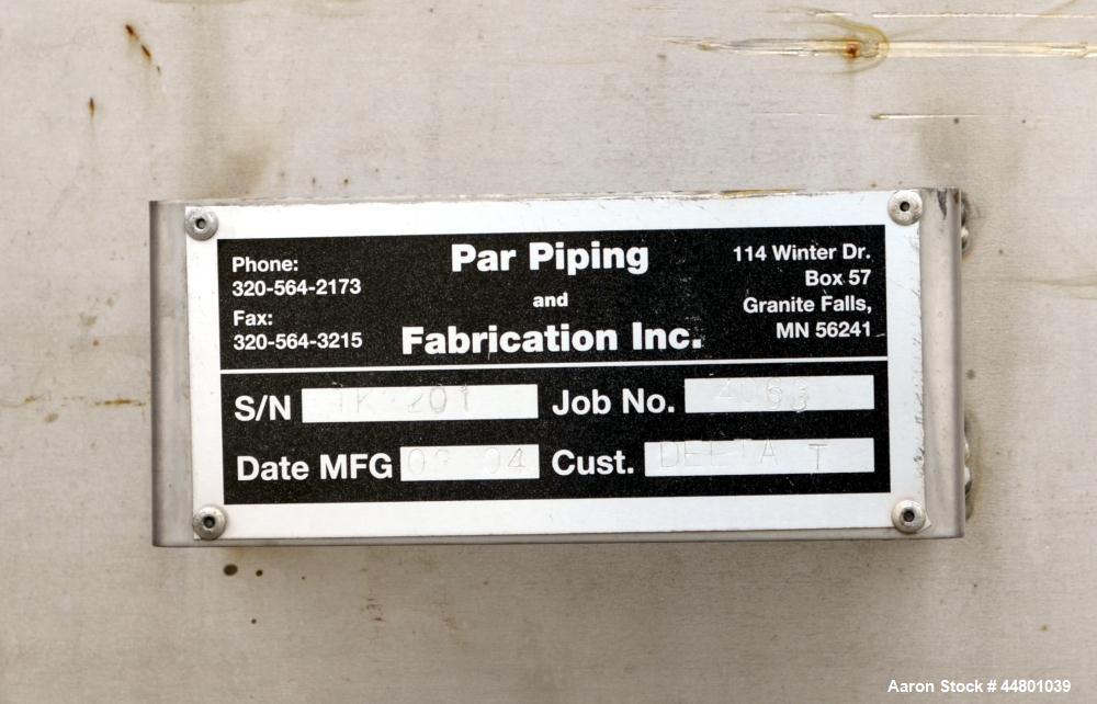 Used Par Piping & Fabrication Tank, 600 Gallon, 321 Stainless Steel, Vertical. 48" Diameter x 72" straight side, dished top and bottom. Openings top 3", 8"; side 2", 3". 1" Center bottom outlet. Moun...