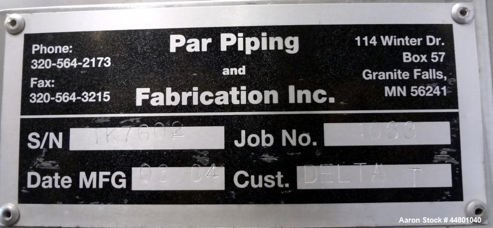 Used Par Piping & Fabrication Tank, 575 Gallon, 321 Stainless Steel, Vertical. 48" Diameter x 72" straight side, coned top & bottom. Openings top 3", 8", 1"; side (2) 2", 12" with cover. 2" Center bo...