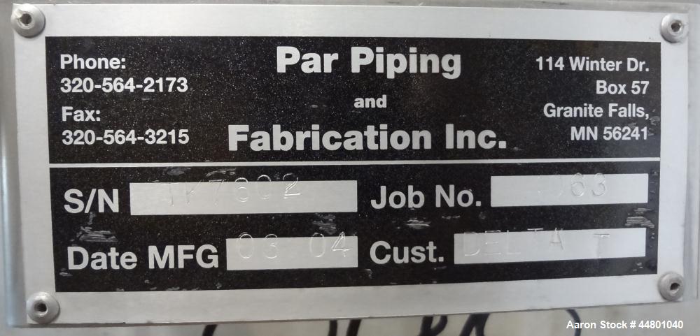 Used Par Piping & Fabrication Tank, 575 Gallon, 321 Stainless Steel, Vertical. 48" Diameter x 72" straight side, coned top & bottom. Openings top 3", 8", 1"; side (2) 2", 12" with cover. 2" Center bo...