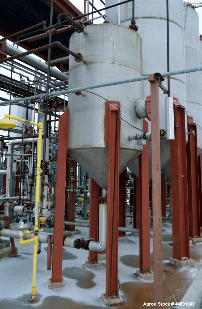 Used Par Piping & Fabrication Tank, 575 Gallon, 321 Stainless Steel, Vertical. 48" Diameter x 72" straight side, coned top & bottom. Openings top 3", 8", 1"; side (2) 2", 12" with cover. 2" Center bo...