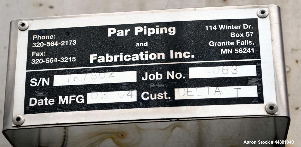 Used Par Piping & Fabrication Tank, 575 Gallon, 321 Stainless Steel, Vertical. 48" Diameter x 72" straight side, coned top & bottom. Openings top 3", 8", 1"; side (2) 2", 12" with cover. 2" Center bo...