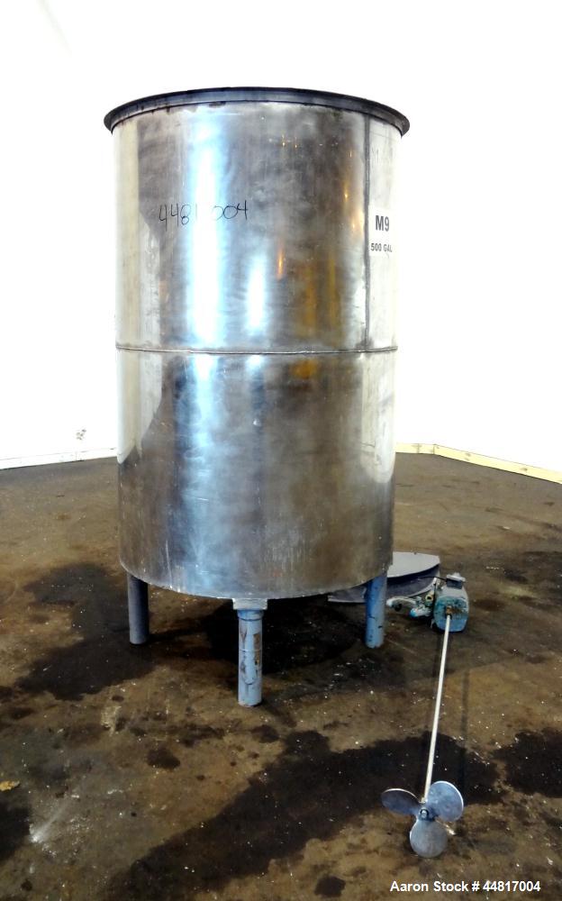 Used Tank, 550 Gallons, 304 Stainless Steel, Vertical. Approximately 48" diameter x 72" straight side. Flat open top with a plastic cover, coned bottom. Top entering clamp on agitator, 3/4" diameter ...
