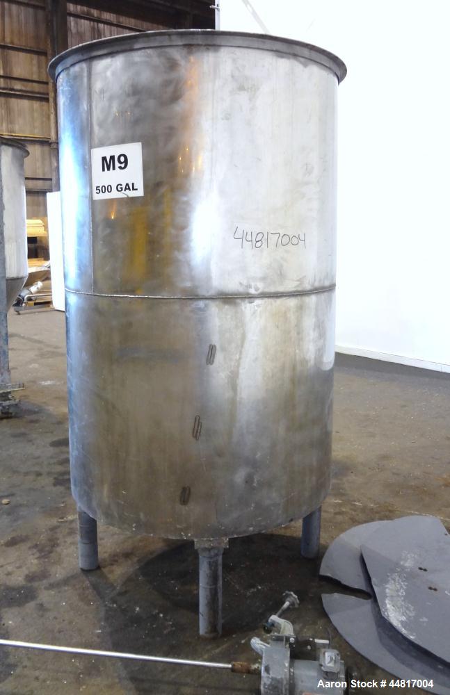 Used Tank, 550 Gallons, 304 Stainless Steel, Vertical. Approximately 48" diameter x 72" straight side. Flat open top with a plastic cover, coned bottom. Top entering clamp on agitator, 3/4" diameter ...