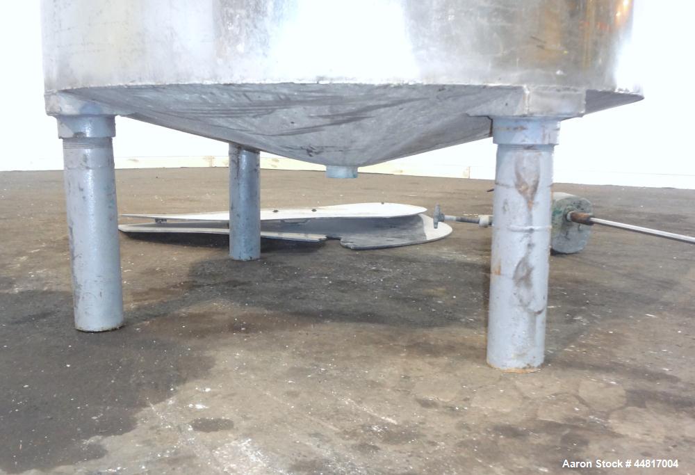 Used Tank, 550 Gallons, 304 Stainless Steel, Vertical. Approximately 48" diameter x 72" straight side. Flat open top with a plastic cover, coned bottom. Top entering clamp on agitator, 3/4" diameter ...