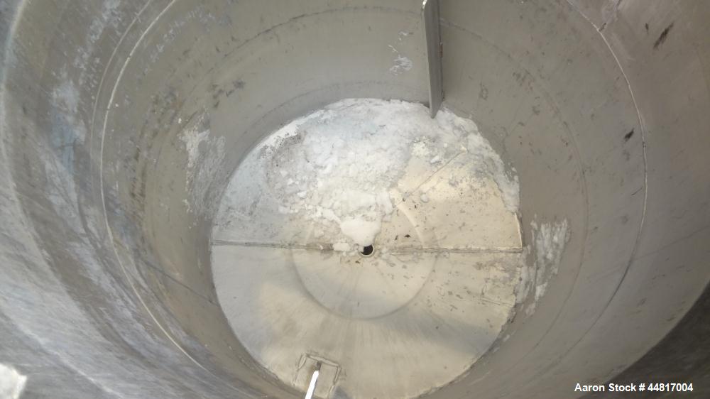 Used Tank, 550 Gallons, 304 Stainless Steel, Vertical. Approximately 48" diameter x 72" straight side. Flat open top with a plastic cover, coned bottom. Top entering clamp on agitator, 3/4" diameter ...