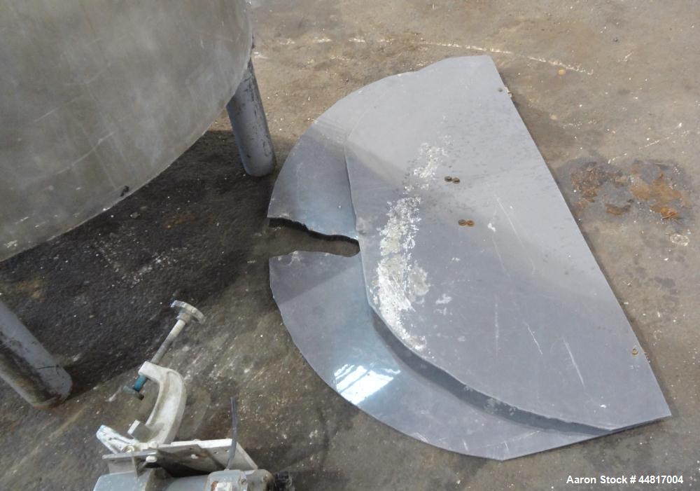 Used Tank, 550 Gallons, 304 Stainless Steel, Vertical. Approximately 48" diameter x 72" straight side. Flat open top with a plastic cover, coned bottom. Top entering clamp on agitator, 3/4" diameter ...
