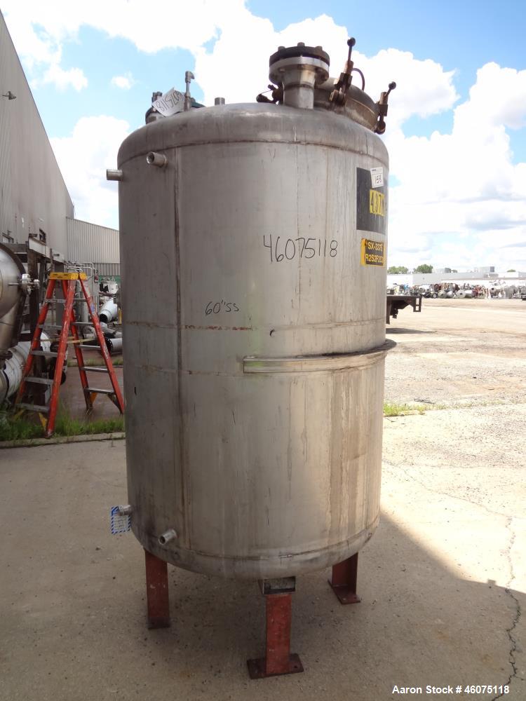 Used Tank, 500 Gallon, 304 Stainless Steel, Vertical. Approximate 48" diameter x 60" straight side, dished top & bottom. Off center Lightnin agitator, model EKXJC-174, serial# 90/547709. (2) 3 Blade ...
