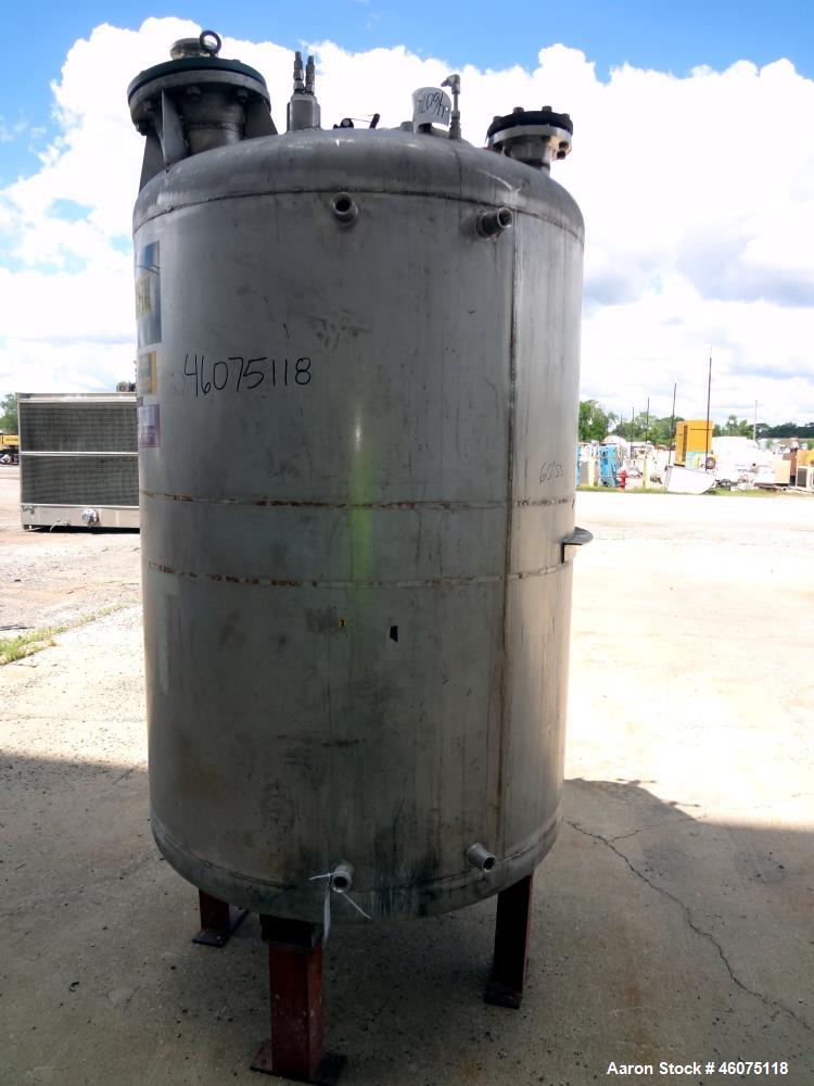 Used Tank, 500 Gallon, 304 Stainless Steel, Vertical. Approximate 48" diameter x 60" straight side, dished top & bottom. Off center Lightnin agitator, model EKXJC-174, serial# 90/547709. (2) 3 Blade ...