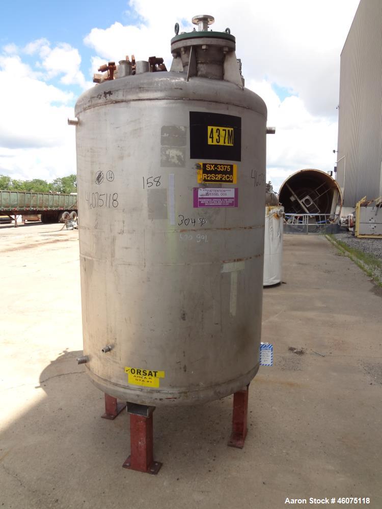 Used Tank, 500 Gallon, 304 Stainless Steel, Vertical. Approximate 48" diameter x 60" straight side, dished top & bottom. Off center Lightnin agitator, model EKXJC-174, serial# 90/547709. (2) 3 Blade ...