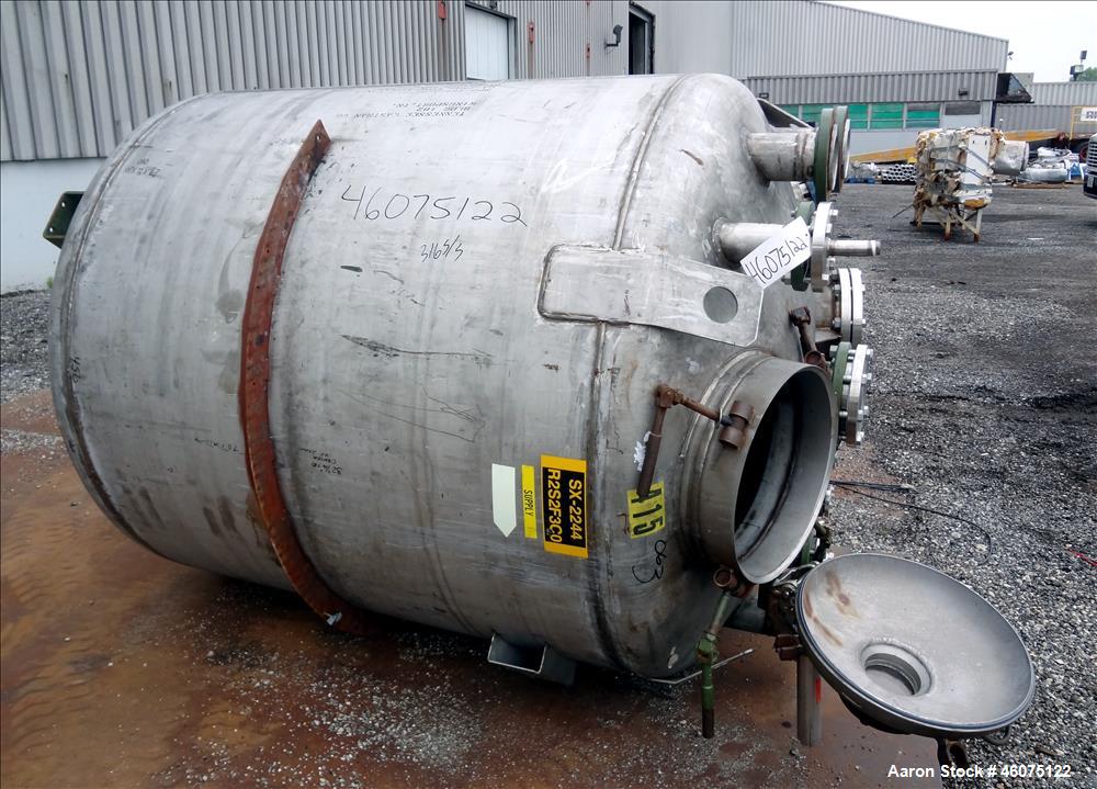 Used Tank, 975 Gallon, 316 Stainless Steel, Vertical. Approximate 66" diameter x 60" Straight side, dished top/bottom. Top openings: (3) 4", (2) 3", (20) 1", 6", 6" sight glass, 8", 20" man way with ...
