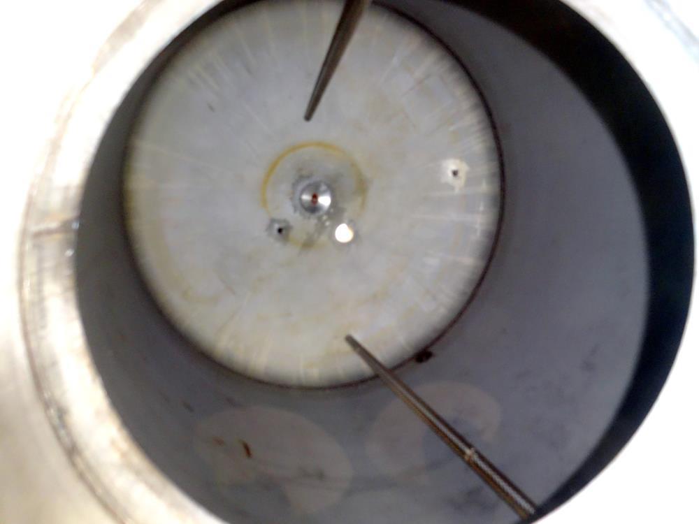 Used Tank, 950 Gallon, 316 Stainless Steel, Vertical. Approximate 64" diameter x 60" straight side, dished top & bottom. Openings top: 20" man way with hinged cover, (1) 8", (1) 6", (1) 6" sight glas...