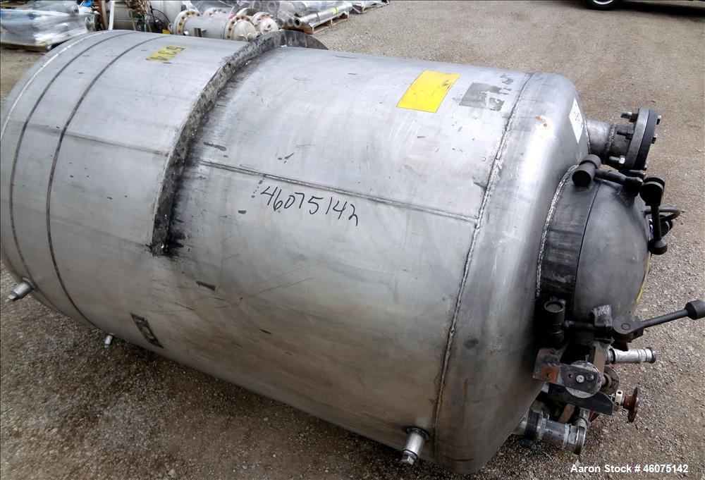 Used Tank, 500 Gallon, 304 Stainless Steel, Vertical. Approximate 48" diameter x 60" straight side, dished top & bottom. Off center top entering Lightnin agitator. Shaft and prop, driven by an approx...